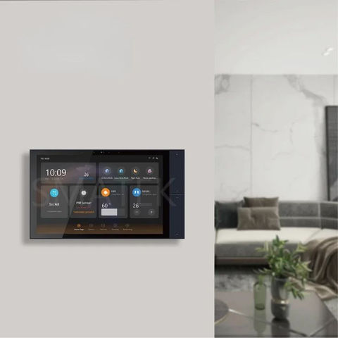 Modern smart home control panel showing 10:09, Light, Curtain, AC.
