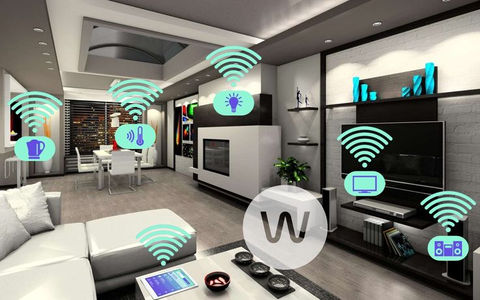 Modern smart Home living room, 'W' symbol, Wi-Fi connecting many devices.