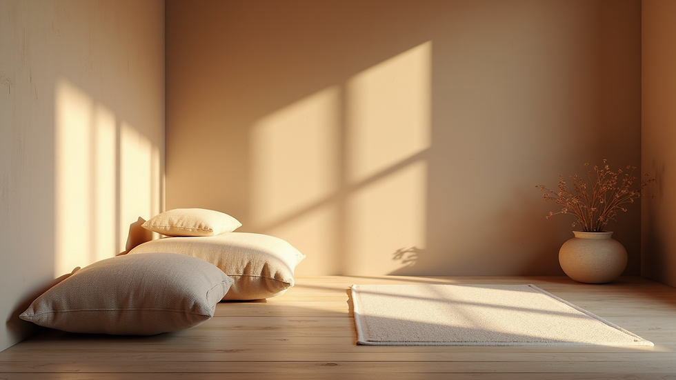 Eye-level view of a cozy meditation corner with cushions and soft lighting