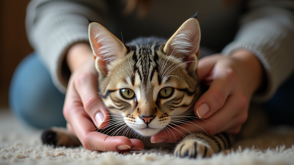 Close-up view of a person’s hands gently hovering over a relaxed cat