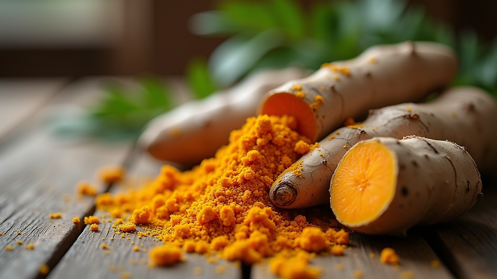 Close-up view of organic turmeric roots on a wooden table