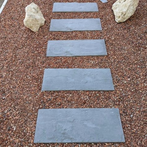 Assorted Dalestone stepping stones in Square, Rectangle, Round, Large Format, and irregular Tobiishii styles for garden paths.