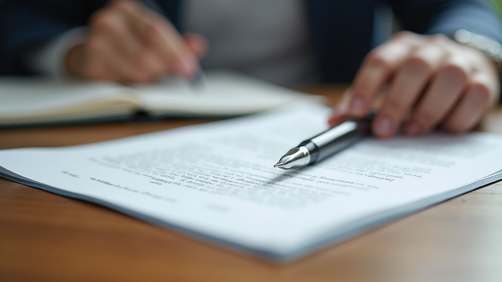 Close-up view of legal documents and pen on wooden table