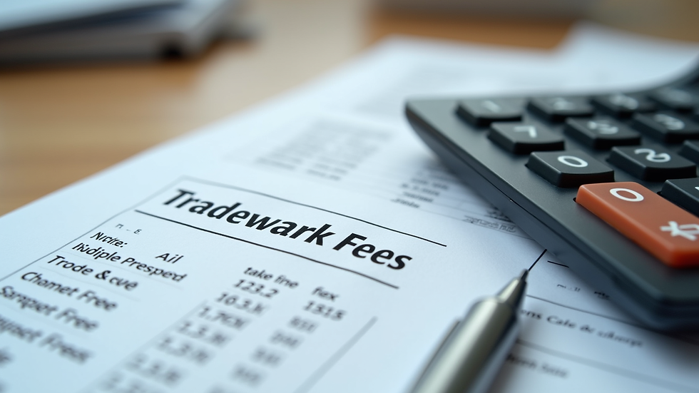 Close-up view of a calculator and documents related to trademark fees