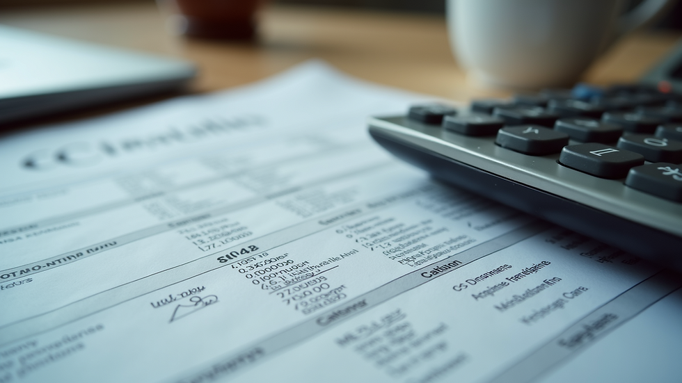 Eye-level view of office desk with tax documents and calculator