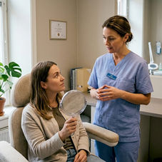 Sjuksköterskan och kunden sitter ner i behandlingsrummet och pratar om olika alternativ för fillers.