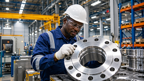 Worker in safety gear inspecting a steel flange