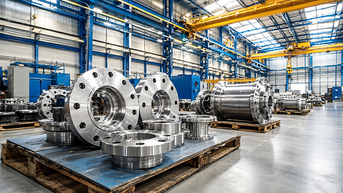 Large metal industrial flanges on pallets in a factory.