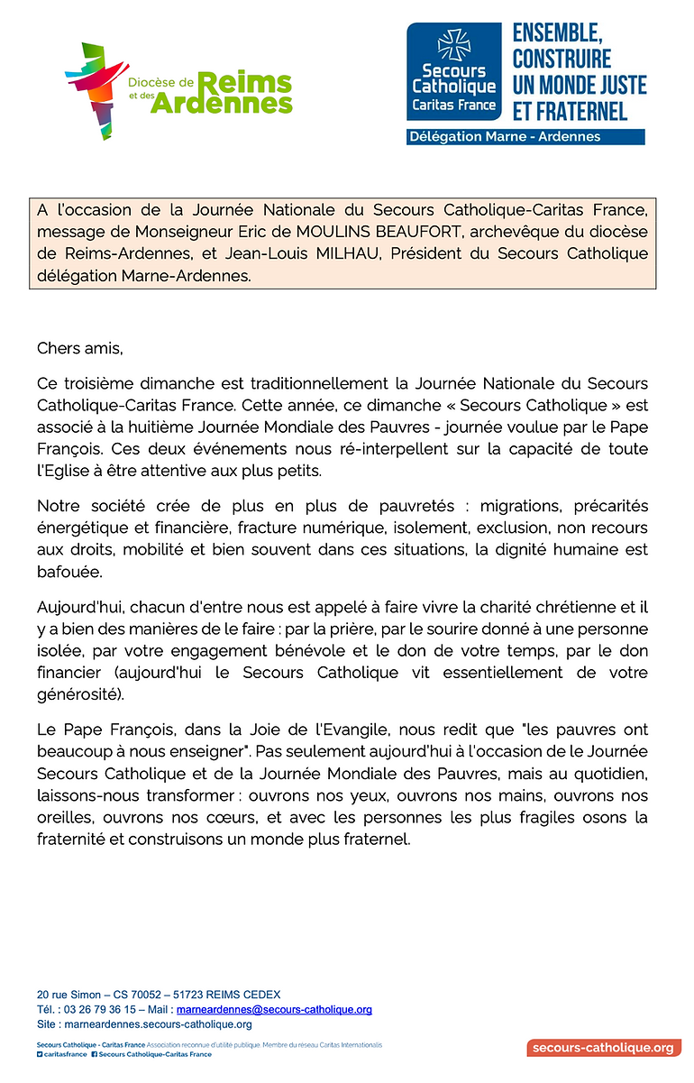 MESSAGE MGR DE MOULINS BEAUFORT SECOURS CATHOLIQUE