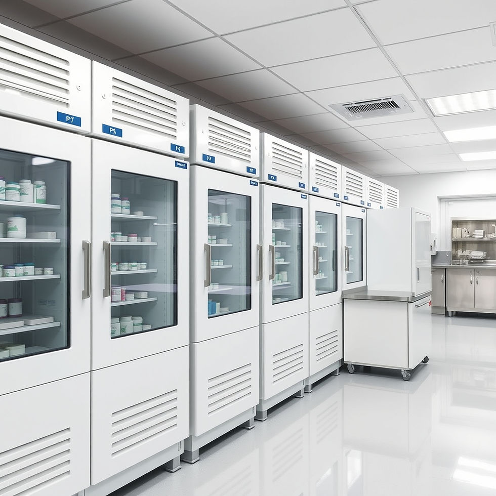 Clean pharmaceutical storage room with medical refrigeration units, temperature-controlled
