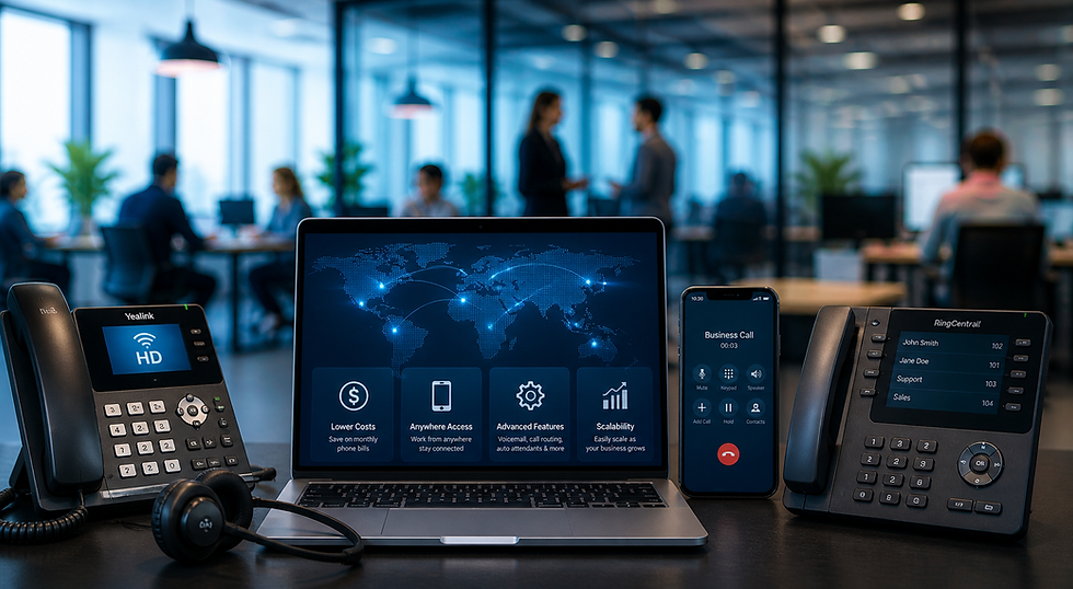 Modern business VoIP communication setup with desk phones, headset, laptop dashboard, mobile calling, remote access, and scalable phone system features