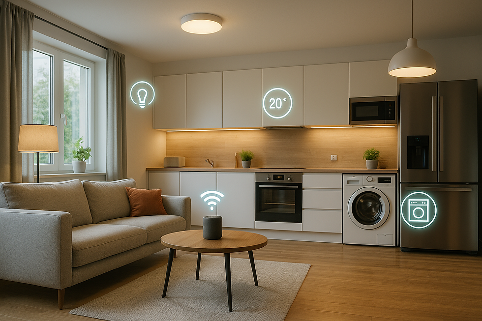Modern smart apartment with a connected kitchen and living room featuring glowing smart home icons representing lighting, temperature control, Wi-Fi, washer, and smart appliances—highlighting an integrated IoT environment for home automation.