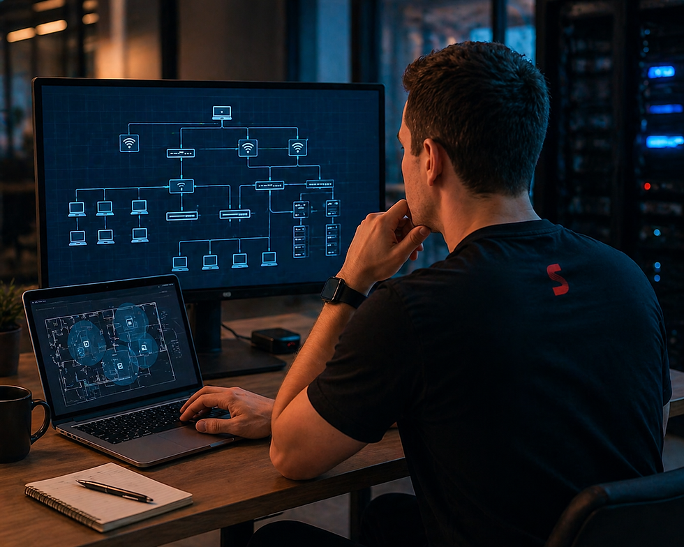 Smartology technician reviewing a network architecture diagram on a monitor to plan a custom network design for business needs.