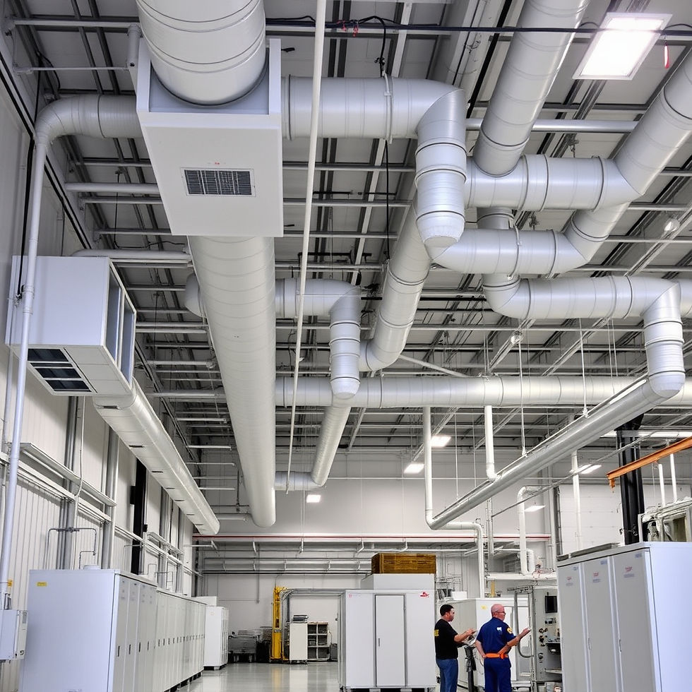 Light industrial warehouse workspace with HVAC and refrigeration equipment, ventilation du