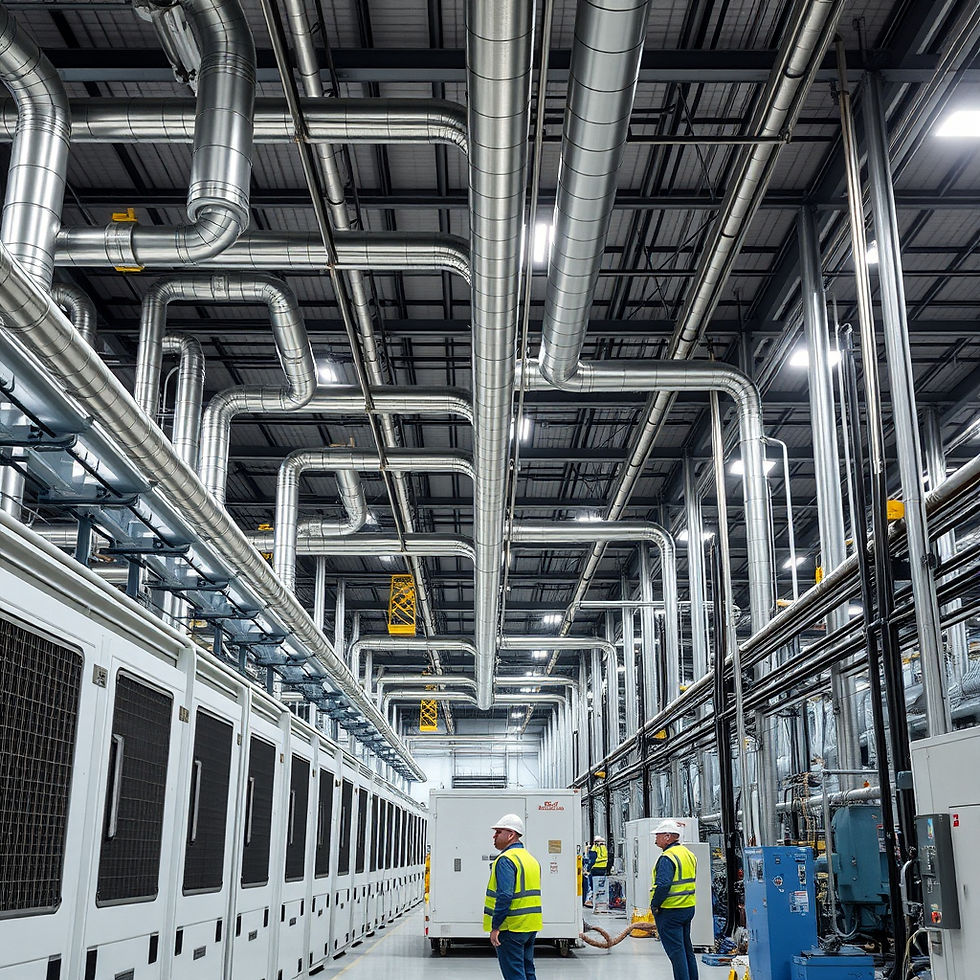 Large manufacturing facility interior with industrial refrigeration systems, metal piping,