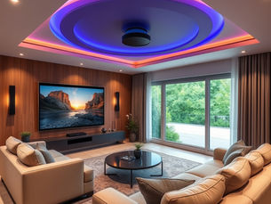 Modern smart living room featuring a large wall-mounted TV, ambient LED ceiling lighting, elegant furniture, and floor-to-ceiling glass doors offering a view of a lush outdoor area—highlighting luxury AV integration and home automation.