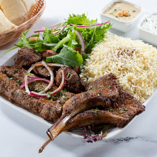 Lamb Mix Plate: House Salad, Rice, Pita, Sauce Choice (Tzatziki, Tahini, Hummus, or Garlic Sauce).