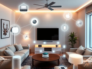 Stylish smart living room with modern furniture and a mounted flat-screen TV, enhanced by floating digital icons representing connected smart devices like thermostats, cameras, lighting, mobile apps, and voice assistants—illustrating a fully integrated smart home ecosystem.