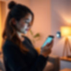 Woman using a smartphone to control a smart home device, warm ambient lighting, modern hom