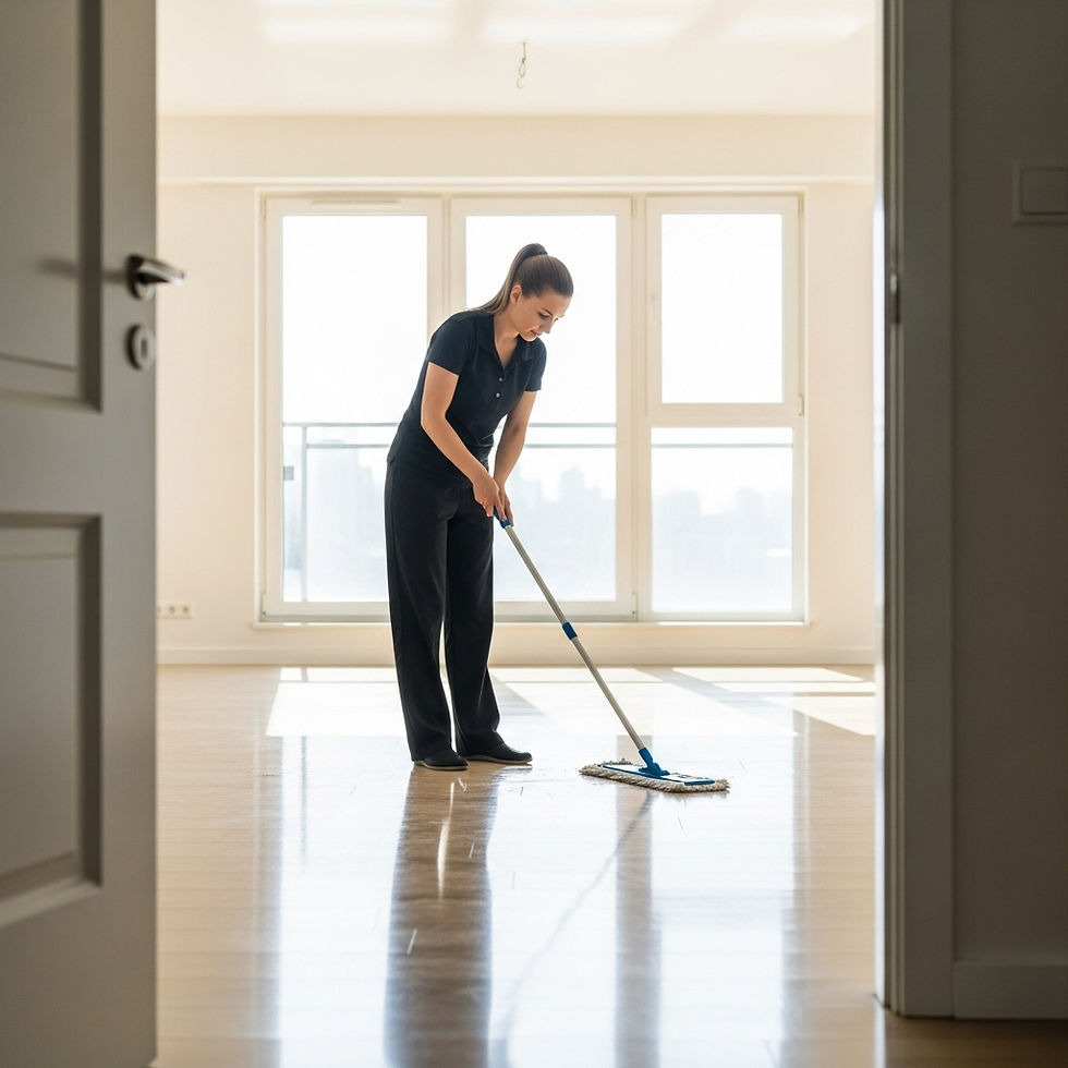 MaidBee cleaner mopping shiny wood floors in a bright, unfurnished home during a move-in cleaning service in Orange County.
