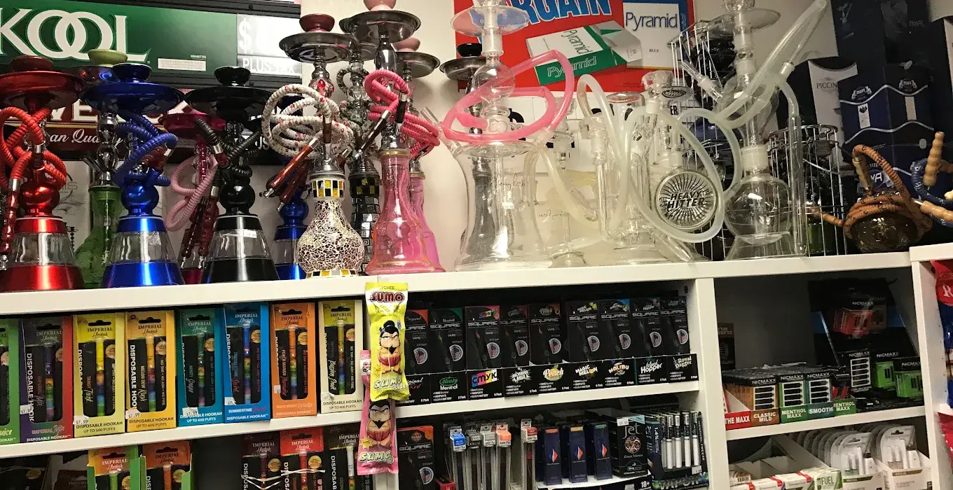 Hookah sets and accessories displayed in store