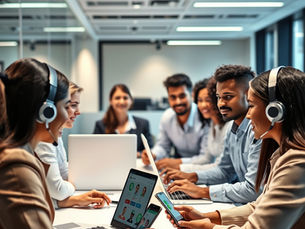 Diverse group of professionals collaborating in a modern office, with some team members wearing headsets and working on laptops—representing customer support, VoIP communication, and managed IT services.