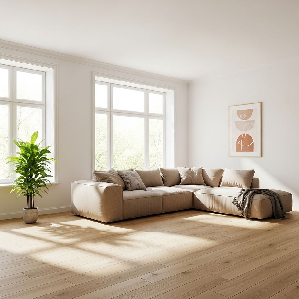 Clean, comfortable living room with soft light and tidy furnishings after a professional home clean.