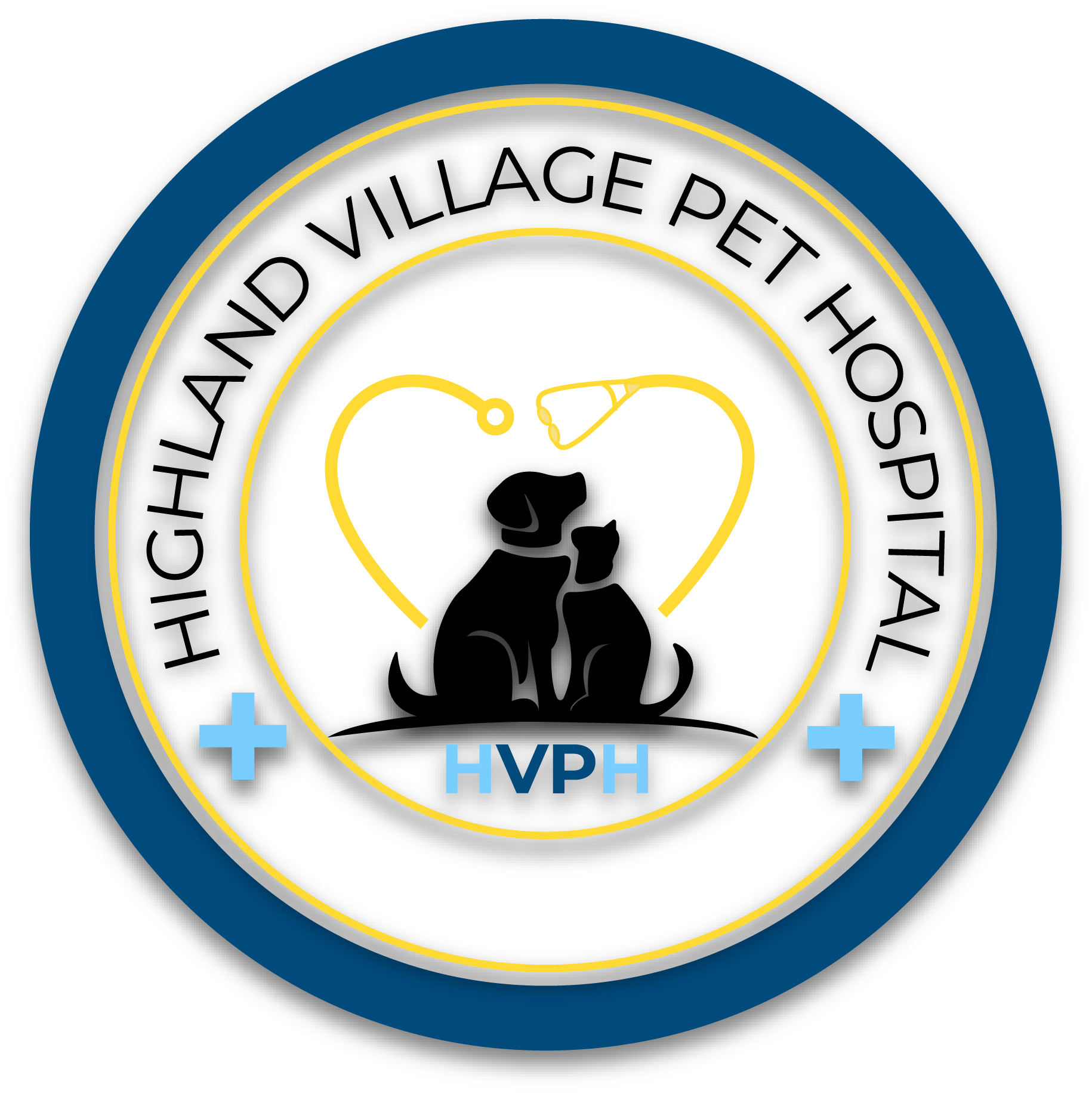 Highland Village Pet Hospital logo featuring a paw print and veterinary cross in a sleek design.