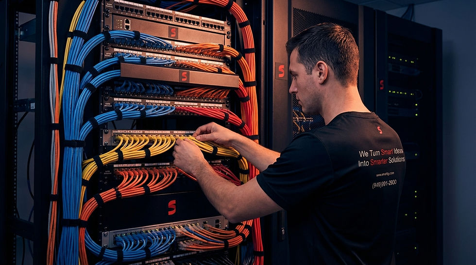 Smartology technician installing structured cabling and networking equipment for business IT infrastructure.