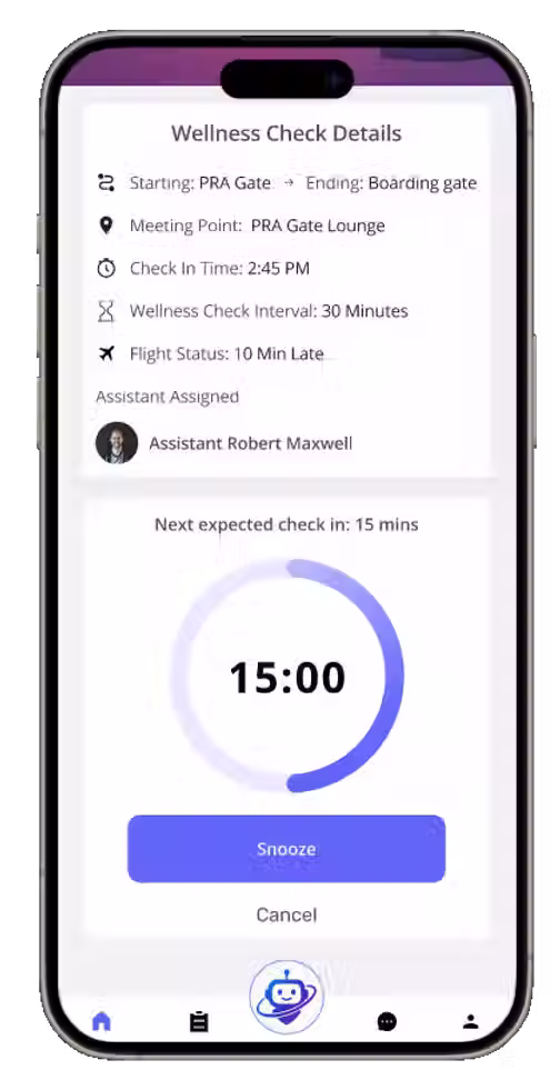 GetAid app displaying wellness check details, including passenger status updates and health-related support information.