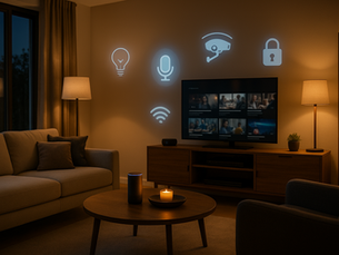 A cozy smart living room with dim lighting, showing a TV, voice assistant device, and glowing smart home icons like a lightbulb, microphone, camera, lock, and Wi-Fi projected on the wall, representing home automation and IoT integration.