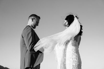 Bride and groom wedding golden hour portraits in the desert, captured by Las Vegas elopement photographer brazen honey films.