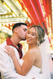 Kitsch elopement at the little white wedding chapel in las vegas shot on 35mm film. Neon lights wedding portraits by wedding photographers brazen honey films