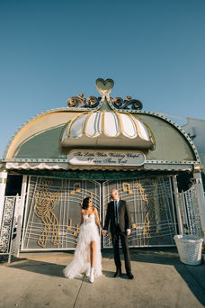 bride and groom recite wedding vows at the little white wedding chapel in las vegas. elvis wedding officiant captured by las vegas elopement photographer brazen honey films
