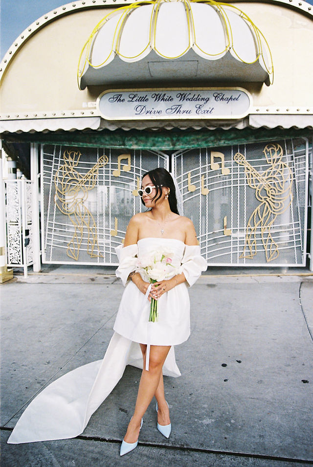 Intimate elopement ceremony at the Little White Wedding Chapel, Las Vegas. 35mm film elopement photographer.