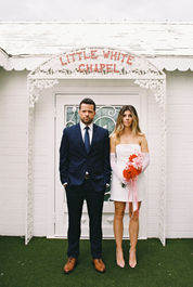 Las Vegas Vow Renewal at the Little White wedding chapel captured on 35mm film by elopement photographers brazen honey films. Tunnel of love elopement photos