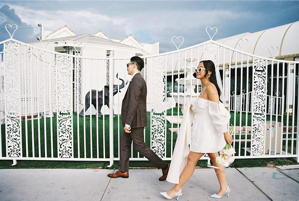 Intimate elopement ceremony at the Little White Wedding Chapel, Las Vegas. 35mm film elopement photographer.