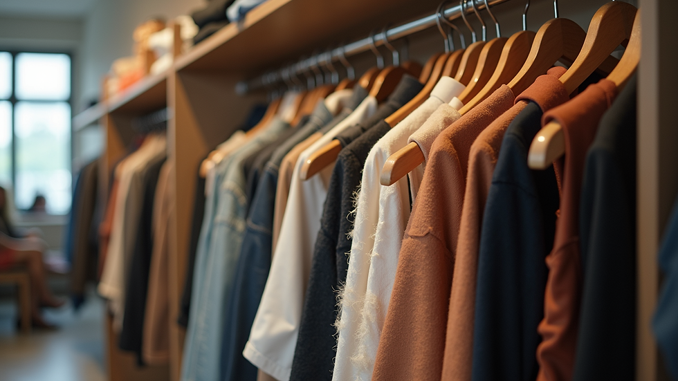 Eye-level view of a stylish clothing rack filled with diverse outfits