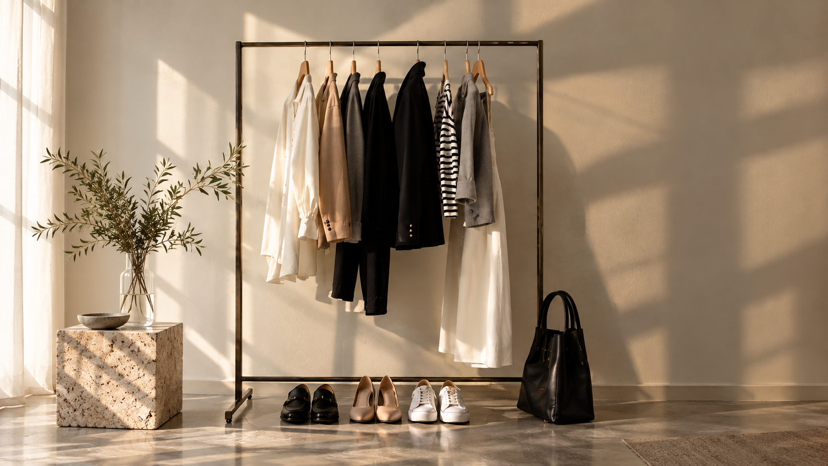 A clothing rack displaying personalized outfit looks curated by a personal stylist, featuring clothing, shoes and accessories