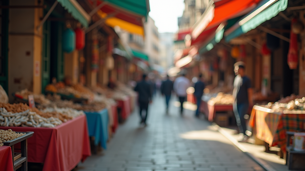Eye-level view of a vibrant outdoor market with colorful stalls