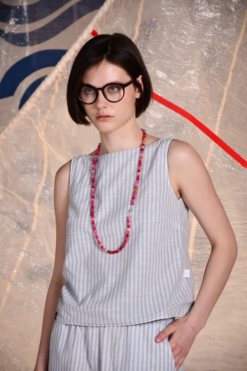 womens reversed vest maritime cotton top front view with blue stripes