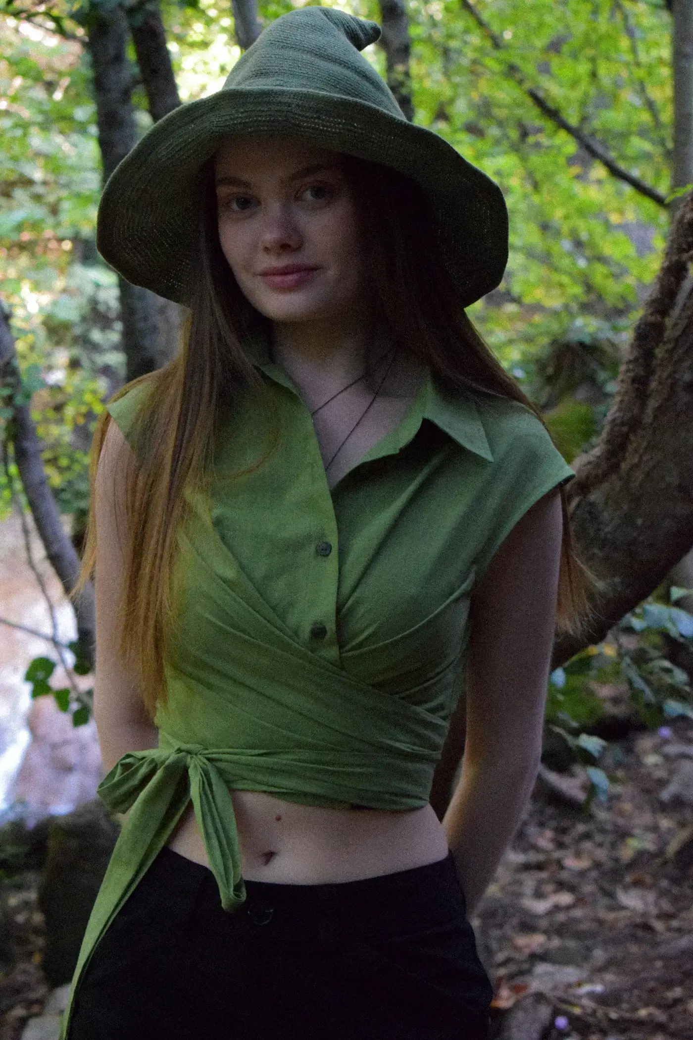 womens green cap sleeve tie wrap cotton top front view at Turgut Waterfall scene by me like summer