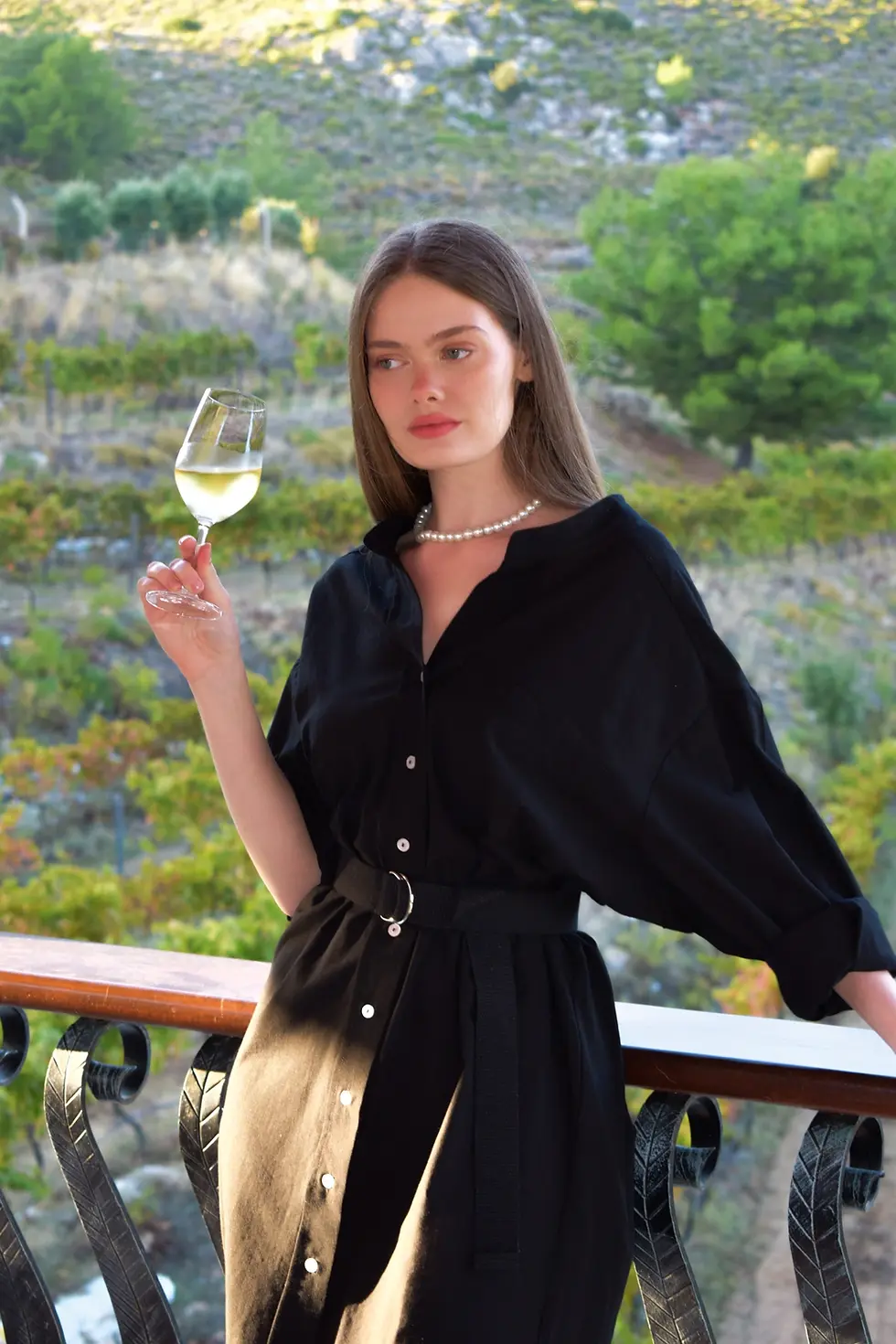 Thumbnail: womens black oversize long shirt dress front view on asarcik vineyards scene by me like summer