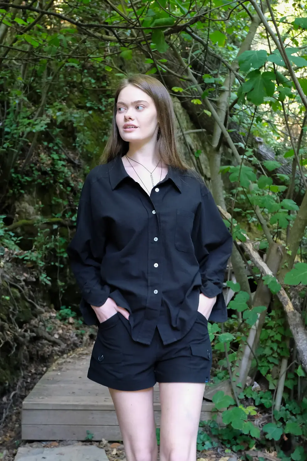 Thumbnail: womens black cotton shorts front view with me like summer black shirt