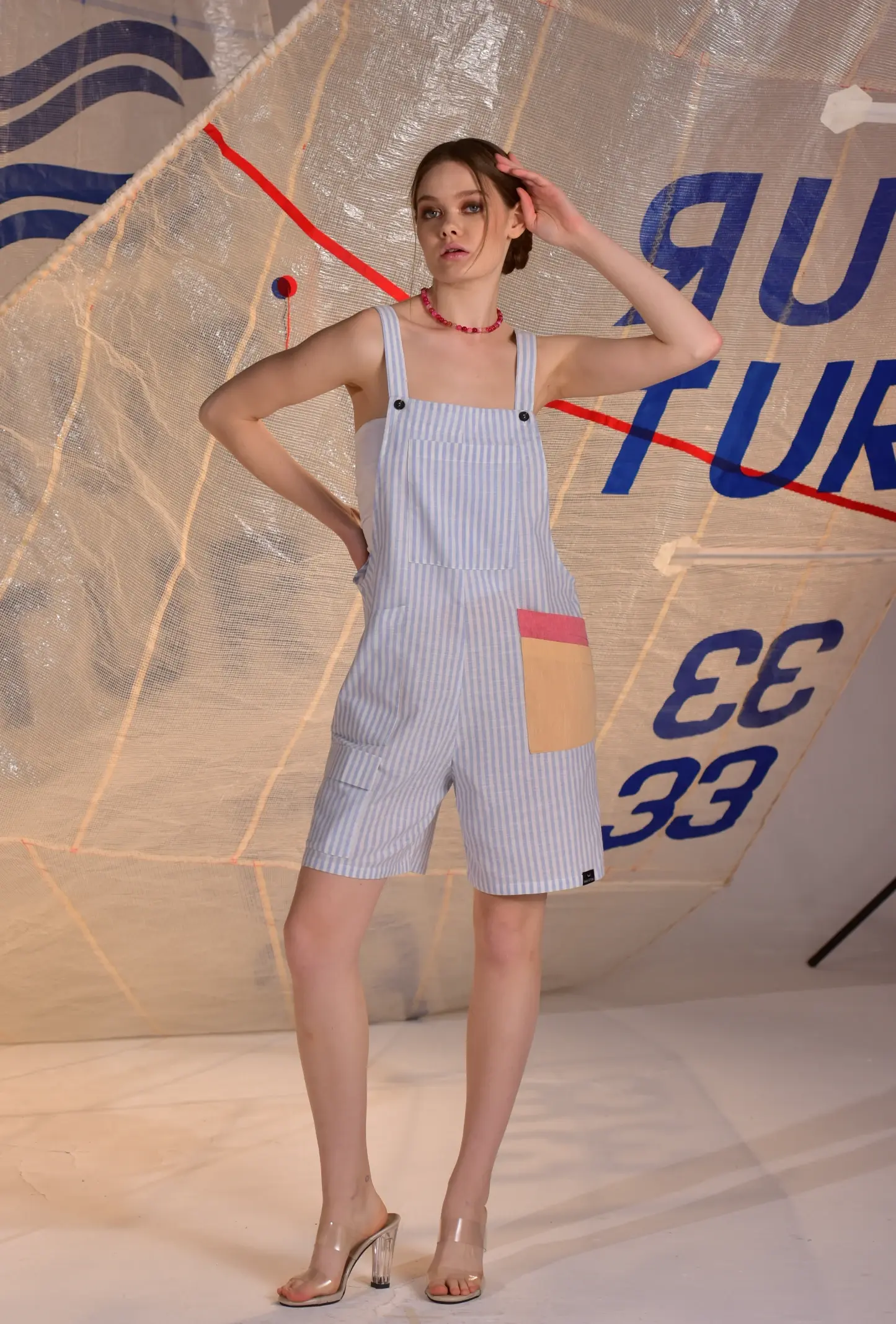 womens blue stripes dockhand jumpsuit front view by me like summer