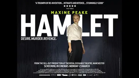 Dark poster with a woman standing against a black background holding a handgun at her side, with large white text reading “HAMLET” and “Maxine Peake” above.