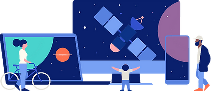 Blue illustration of multiple devices, watch the same thing on multiple devices