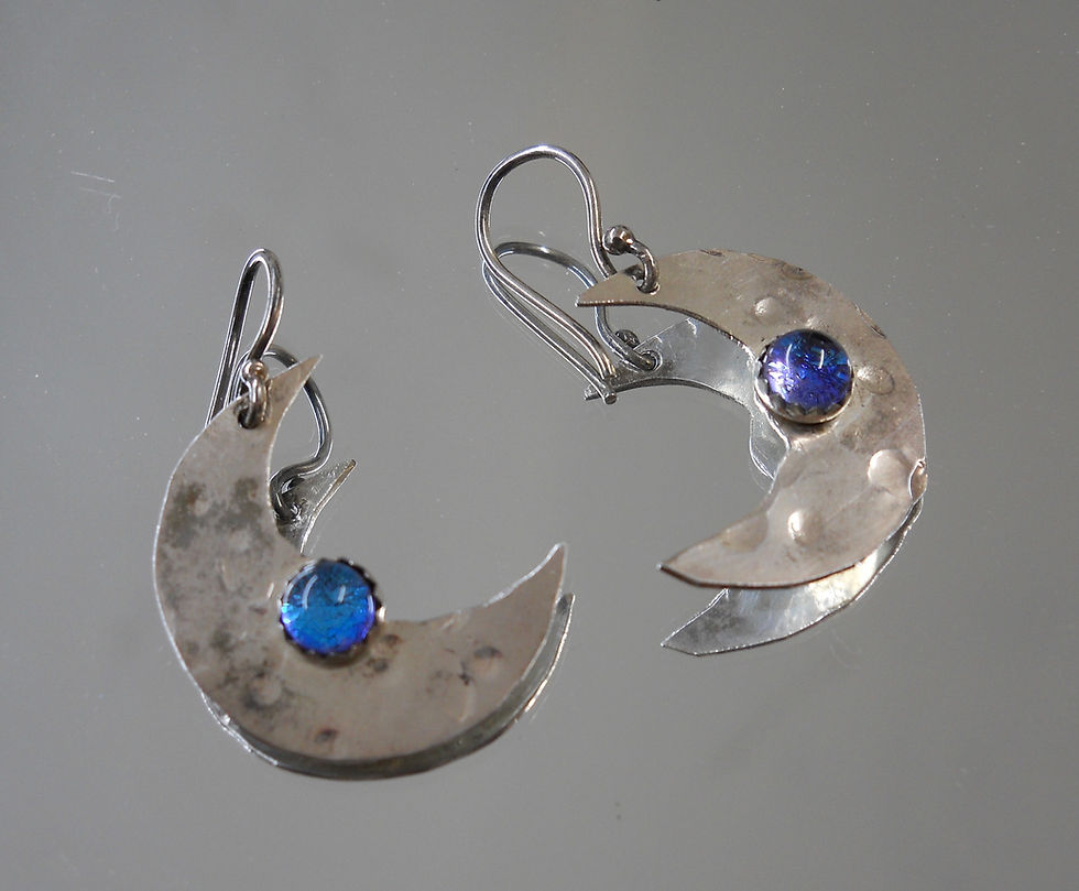 Thumbnail: Sterling Silver Moon and Dichroic Glass Earrings