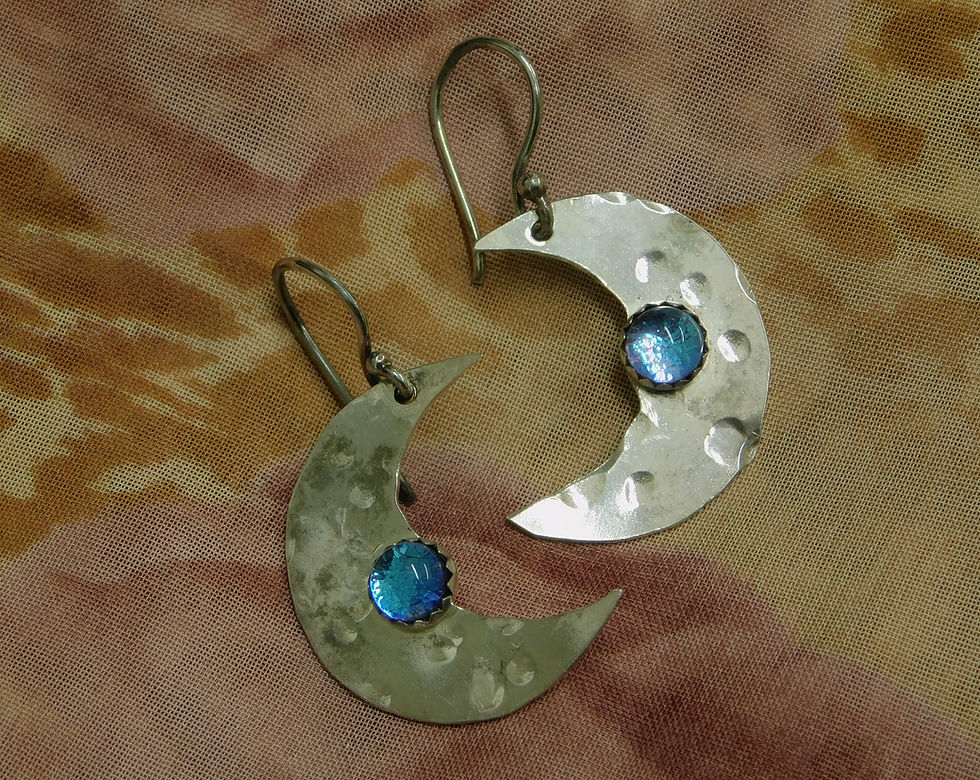 Thumbnail: Sterling Silver Moon and Dichroic Glass Earrings