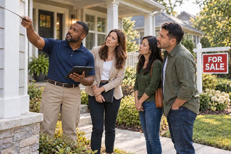 Home inspector discussing exterior findings with a real estate agent and homebuyers